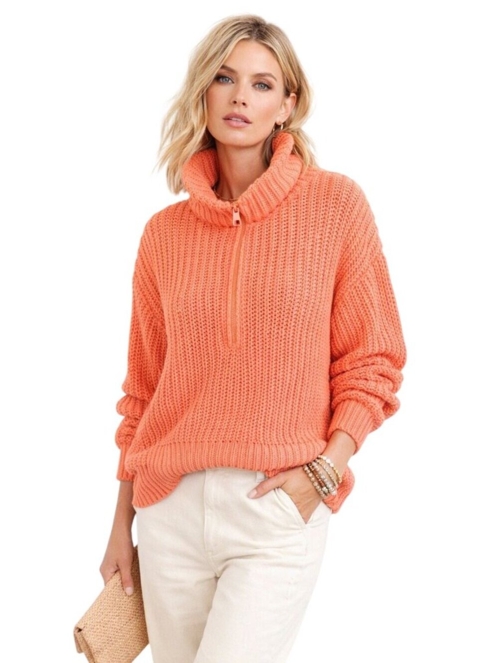 American Eagle Outfitters Orange Heavy Knit Chunky Sweater 1/4 Zip-Up Turtleneck